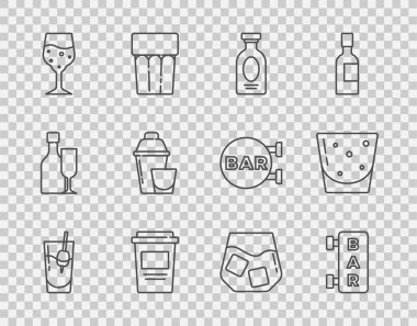 Kokteyl Bloody Mary, barlı sokak tabelası, alkollü rom, kahve fincanı paket, cam şampanya, karıştırıcı, viski ve rom ikonu. Vektör