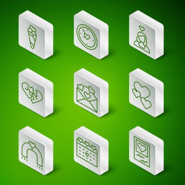 Resim çerçeveleri ve kalpler, Takvim, Waffle külahında dondurma, Zarf Sevgilisi, Kırık veya Boşanmış, Saat, Aşk Mıknatısı ve Kalp ikonu. Vektör