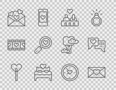 Lollipop, sevgililer günü kalbiyle zarf, çift aşkı, yatak odası, arama ve kalp konuşma balonu ikonu. Vektör