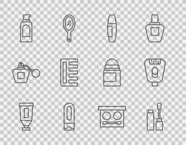 Krem ya da losyon kozmetik tüpü, Mascara fırçası, şampuan şişesi, saç spreyi, saç fırçası, göz farı paleti ve Epilatör ikonu. Vektör