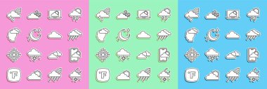 Cloud 'u kar ve güneşe ayarla, hava tahmini, yağmur, ay yıldızları, baş ağrısı, gökkuşağı bulutu ve ikonu. Vektör