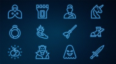 Hat, Hançer, Hermes sandaleti, Büyücü Büyücüsü, Ateşli El Taşı yüzüğü, Taşlı Mücevher, Manto, Pelerin, Cadı süpürgesi ve Kale ikonu. Vektör