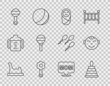 Sabit çizgi Bebek Lazımlığı, Piramit oyuncağı, Yeni doğmuş bebek kundaklı, Çıngırak, konuşma balonu annesi ve küçük oğlan kafa ikonu. Vektör