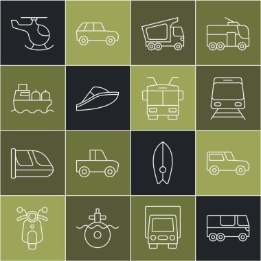 Otobüs, araba, tren ve demiryolu, teslimat kamyonu, sürat teknesi, petrol tankeri, helikopter ve Trolleybus ikonu. Vektör