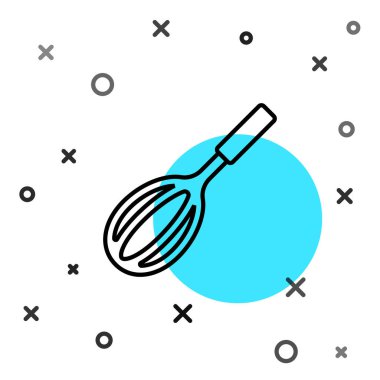 Siyah çizgi Mutfak çırpma simgesi beyaz arkaplanda izole edildi. Mutfak aletleri, yumurta çırpıcı. Çatal bıçak seti. Yemek karışımı sembolü. Rastgele dinamik şekiller. Vektör.