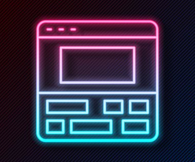 Parlayan neon hattı video kaydedicisi veya dizüstü bilgisayar ikonu üzerindeki düzenleyici yazılım siyah arkaplanda izole edildi. Dizüstü bilgisayarda video düzenleme. Vektör.