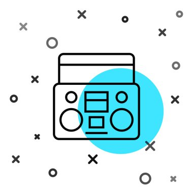 Beyaz zemin üzerinde iki hoparlör simgesi olan siyah çizgi ev müzik seti. Müzik sistemi. Rastgele dinamik şekiller. Vektör