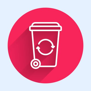 White line Recycle bin with recycle symbol icon isolated with long shadow background. Trash can icon. Garbage bin sign. Recycle basket sign. Red circle button. Vector