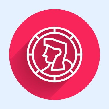 Beyaz çizgi Kadim madeni para simgesi uzun gölge arkaplan izole. Kırmızı daire düğmesi. Vektör