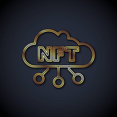 Altın çizgili NFT bulut simgesi siyah arkaplanda izole edildi. Para iadesi olmayan jeton. Dijital kripto sanat konsepti. Vektör