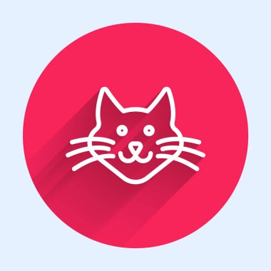 Beyaz çizgi kedi simgesi uzun gölge arkaplanı ile izole edildi. Kırmızı daire düğmesi. Vektör