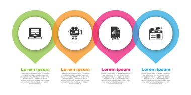 Video kaydediciyi dizüstü bilgisayara, Retro sinema kamerasına, MP3 dosya dökümanına ve Film alkışına ayarla. Ticari bilgi şablonu. Vektör