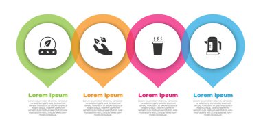 Elinde çay yaprağı, bir fincan çay ve elektrikli su ısıtıcısı olsun. Ticari bilgi şablonu. Vektör