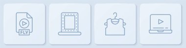 FLV dosya belgesi, kolsuz tişört, ışıklandırmalı makyaj aynası ve online oyun videosu ayarla. Beyaz kare düğme. Vektör