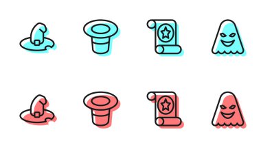 Sihirli parşömen, Cadı şapkası ve Hayalet ikonu. Vektör