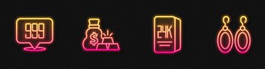 Set line Gold bars 24k, Bag of gold and Earrings. Glowing neon icon. Vector clipart