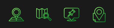 Satır itme pimini ayarlayın, konum işaretleyici ile katlanmış harita, Arama ve. Renk simgeleri. Vektör