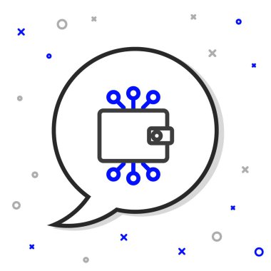 Satır Kripto para birimi cüzdan simgesi beyaz arkaplanda izole edildi. Cüzdan ve bitcoin işareti. Maden konsepti. Para, ödeme, nakit, ödeme ikonu. Renkli taslak konsepti. Vektör