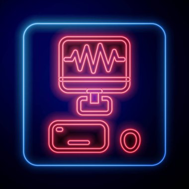 Parlayan neon müzik kayıt stüdyo kontrol odası profesyonel ekipman ikonu siyah arka planda izole. Vektör.