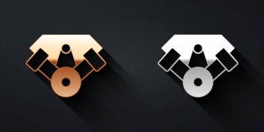 Altın ve gümüş renkli motorlu ikon siyah arka planda izole edildi. Uzun gölge tarzı. Vektör