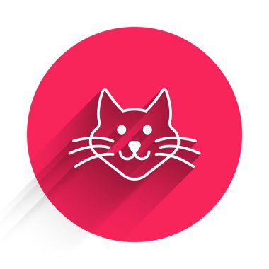 Beyaz Kedi simgesi uzun gölge arkaplanı ile izole edildi. Kırmızı daire düğmesi. Vektör