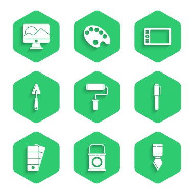 Boya fırçası, kova, palet bıçağı, kalem, grafik tableti ve bilgisayar monitörü ekran simgesini ayarla. Vektör