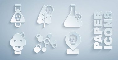 Kimyasal formülü hazırla, zehirli sıvıyla beher, insan zehirlenmesi, radyoaktif konum, Zehirli çiçek ve şişe ikonu. Vektör