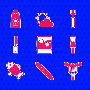 Buzlu viski, Fransız ekmeği, çatallı sosis, dondurma, balık, çatal, çatal ve güneş kremi hazırla. Vektör