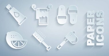 Sauna fırçası, terlikler, Lemon, tahta balta, havlu askısı ve krem ya da losyon kozmetik tüp ikonu. Vektör