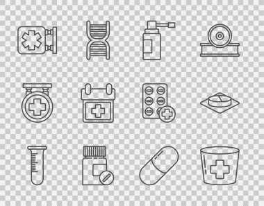 Hat, tüp ve matara, haçlı hemşire şapkası, tıbbi şişe hortumu spreyi, ilaç hapları, acil servis sembolü, doktor randevusu, tablet ve ikon. Vektör