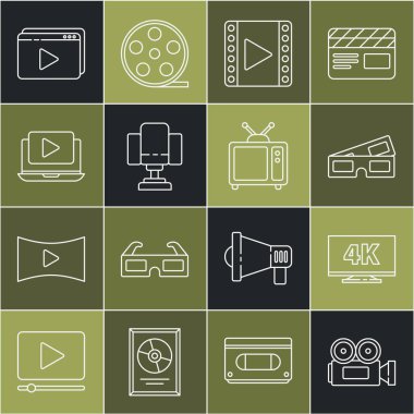 Set hattı Cinema kamerası, 4k, 3D sinema gözlüklü Screen TV, Play Video, Yönetmen koltuğu, Online play video ve Retro ikonu. Vektör