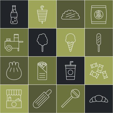Croissant, Candy, Corn dog, tortilla ile Taco, pamuk şeker, Fast Street yemek arabası, bir şişe su ve waffle konisi ikonunda dondurma. Vektör