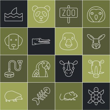 Kaplumbağa, Yaban domuzu kafası, Tavşan, Hayvanat Bahçesi, Timsah, Köpek, Köpekbalığı yüzgeci okyanus dalgası ve Kaz Kuşu ikonu. Vektör