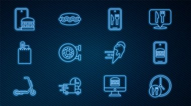 Çevrimiçi dağıtım, çevrimiçi sipariş verme, ve, Donut, dondurma ve Hotdog sandviç ikonu. Vektör