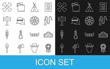 Tüylü Rüya Yakalayıcı, Salon Kapısı, Deri Kırbaç, Kızılderili çadırları, Bang boom, silah çizgi romanı, trafik levhası çapraz insan kemikleri ve Eski ahşap tekerlek ikonu. Vektör