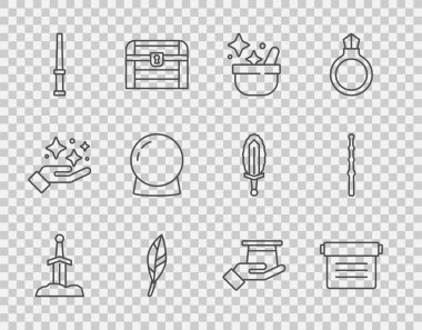 Taştaki çizgi kılıcı, Kadim büyü kitabı, cadı kazanı, sihirli tüy, değnek, top, sihirbaz şapkası ve ikon. Vektör