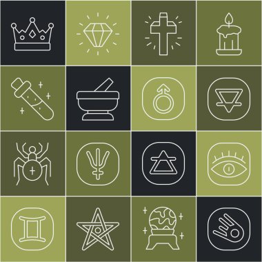 Kuyrukluyıldız çizgisi hızla düşüyor, Masonlar, Dünya elementleri, Hıristiyan haçı, havan topu, iksirli şişe, Kral tacı ve Mars ikonu. Vektör