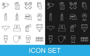 Satır çizgisi boya spreyi, fırça, işaret kalemi, güvenlik kamerası ve metin resim ikonlu konuşma balonu. Vektör