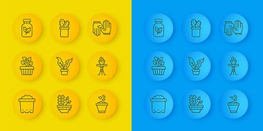 Topraklı çömlek, tencereye sarmaşık, saksı, tohum kasesi, masaya, gübre şişesi, lastik eldiven ve kaktüs peyote ikonu koyun. Vektör