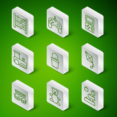 Oyuncak, oyuncak, oyuncak, peluş oyuncak, abaküs, kum kovası, tren, av pisti, yolcu vagonları ve Kite ikonu. Vektör