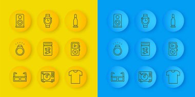 Gözlük, elmas yüzük, kurşun, tişört, müzik çalar, müzik seti hoparlörü, kurşun ve bilek saat ikonu. Vektör