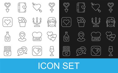 Sabit çizgi şampanya, kalp, romantik kız, kalbi ve oku olan aşk, düğün pastası, kadın cinsiyet sembolü ve şamdan ikonu. Vektör