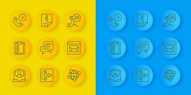 Telefon hattını 24 saat destekle, çevrimiçi sınav, test, anket, konuşma balonu sohbeti, küresel teknoloji, posta ve e-posta, cep telefonu ve bilgi simgesi. Vektör