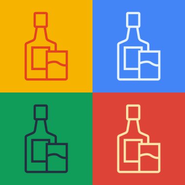 Pop sanat eseri viski şişesi ve cam ikon renkli arka planda izole edilmiş. Vektör.