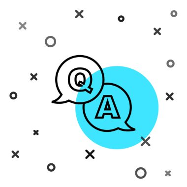 Beyaz zemin üzerinde Soru ve Yanıt simgesi olan siyah çizgi konuşma baloncukları. Q ve A sembolü. SSS işareti. Konuşma balonu ve çizelgesi. Rastgele dinamik şekiller. Vektör.