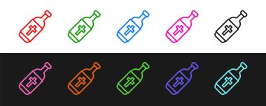 Set line Holy water bottle icon isolated on black and white background. Glass flask with magic liquid.  Vector.