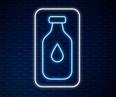 Parlayan neon hattı. Duvarın arkasında izole edilmiş bir su ikonu şişesi. Soda su içme tabelası. Vektör.