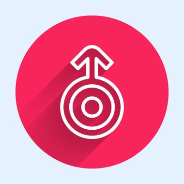 Beyaz çizgi Uranüs ikonunun uzun gölge arkaplanlı astrolojik sembolü. Astroloji gezegeni. Zodiac ve astroloji işareti. Kırmızı daire düğmesi. Vektör