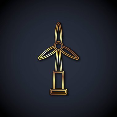 Sarı çizgi rüzgar türbini simgesi siyah arkaplanda izole edildi. Rüzgar jeneratörü işareti. Elektrik üretimi için yel değirmeni. Vektör
