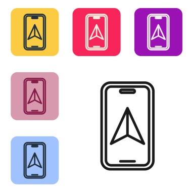 Şehir haritası yön bulma simgesinin siyah çizgi bilgileri beyaz arkaplanda izole edildi. Mobil Uygulama Arayüzü tasarımı. Coğrafi konsept. Renkli kare düğmelerle simgeleri ayarla. Vektör